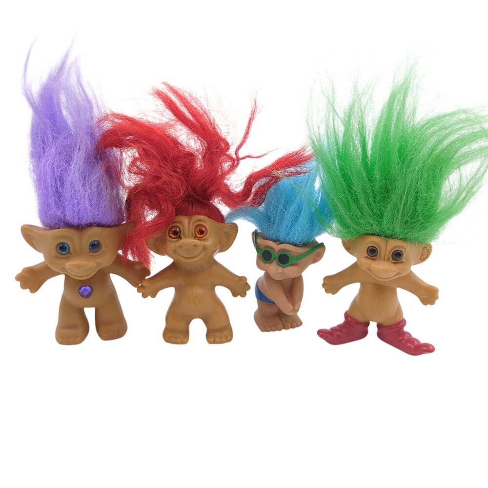 Vintage Trolls Lot of 4 Action Figures Purple Red Blue Green Hair Doll